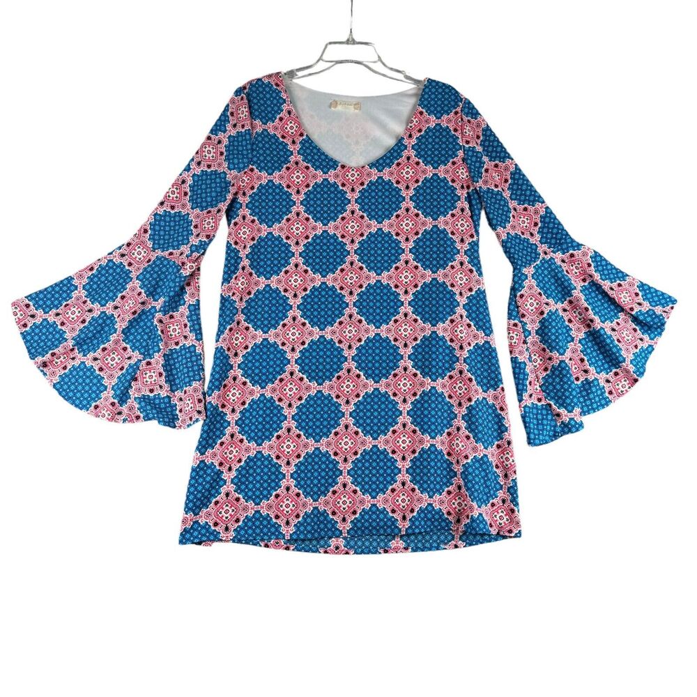 Altar’d State Dress Women's Large Pink Blue Mini Paisley Bell Sleeve Boho Gypsy
